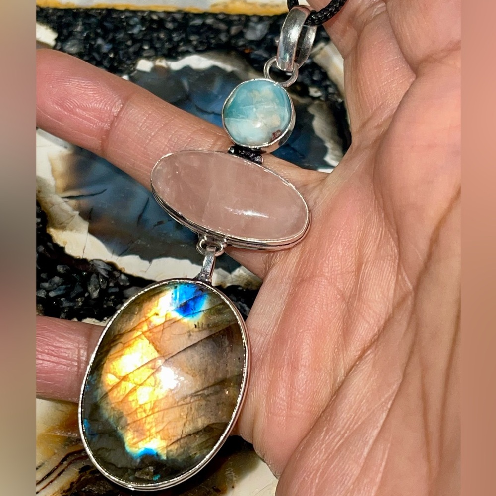 Large Crystal Pairing of Rose Quartz, Larimar & Labradorite Pendant 3 1/2”